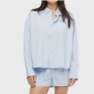 WEWOREWHAT BLUE WHITE STRIPED CROPPED BUTTON FRONT SHIRT AND TIE WAIST SHORT SET